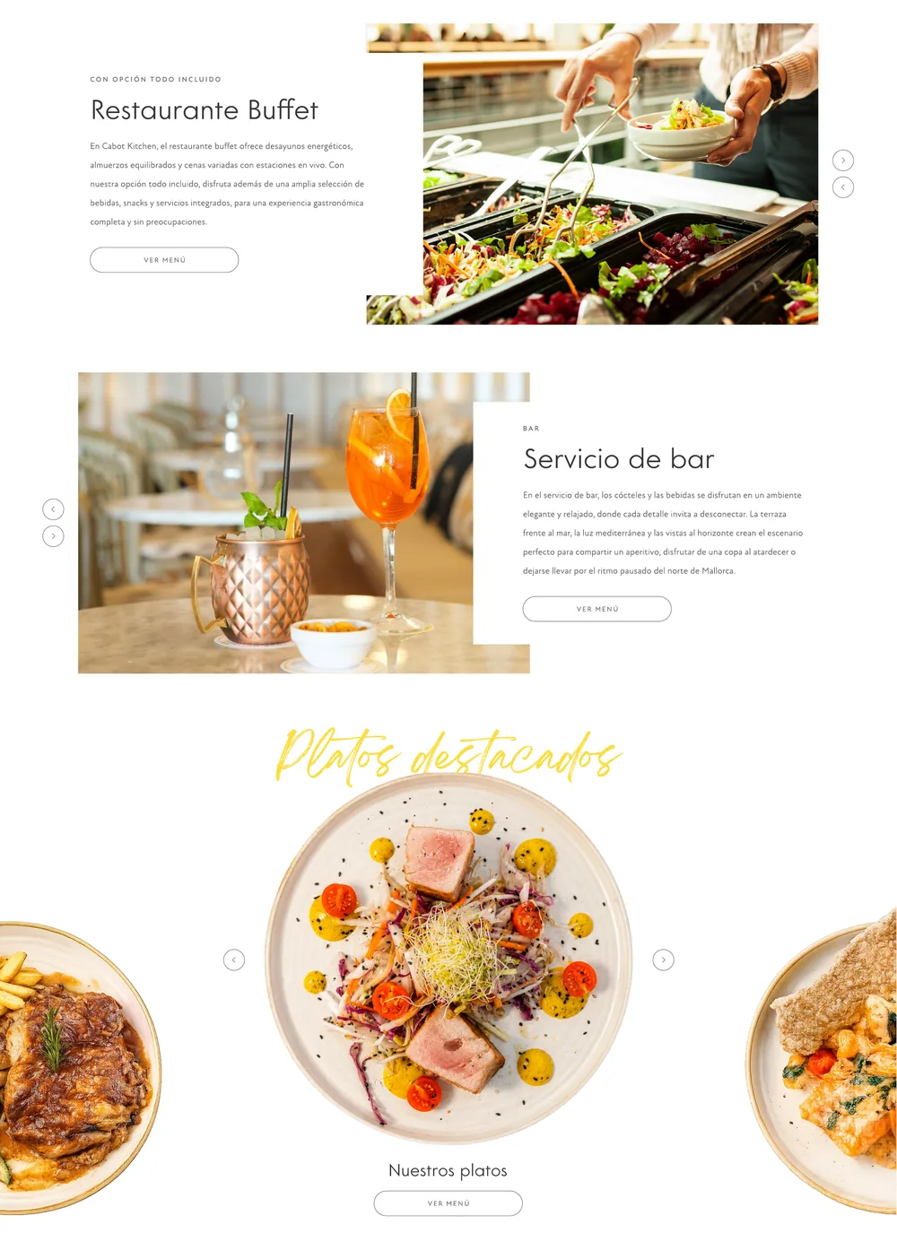 Nueva página de gastronomía, parte central: bloques de Restaurante Buffet y Servicio de bar, y slider «Platos destacados»