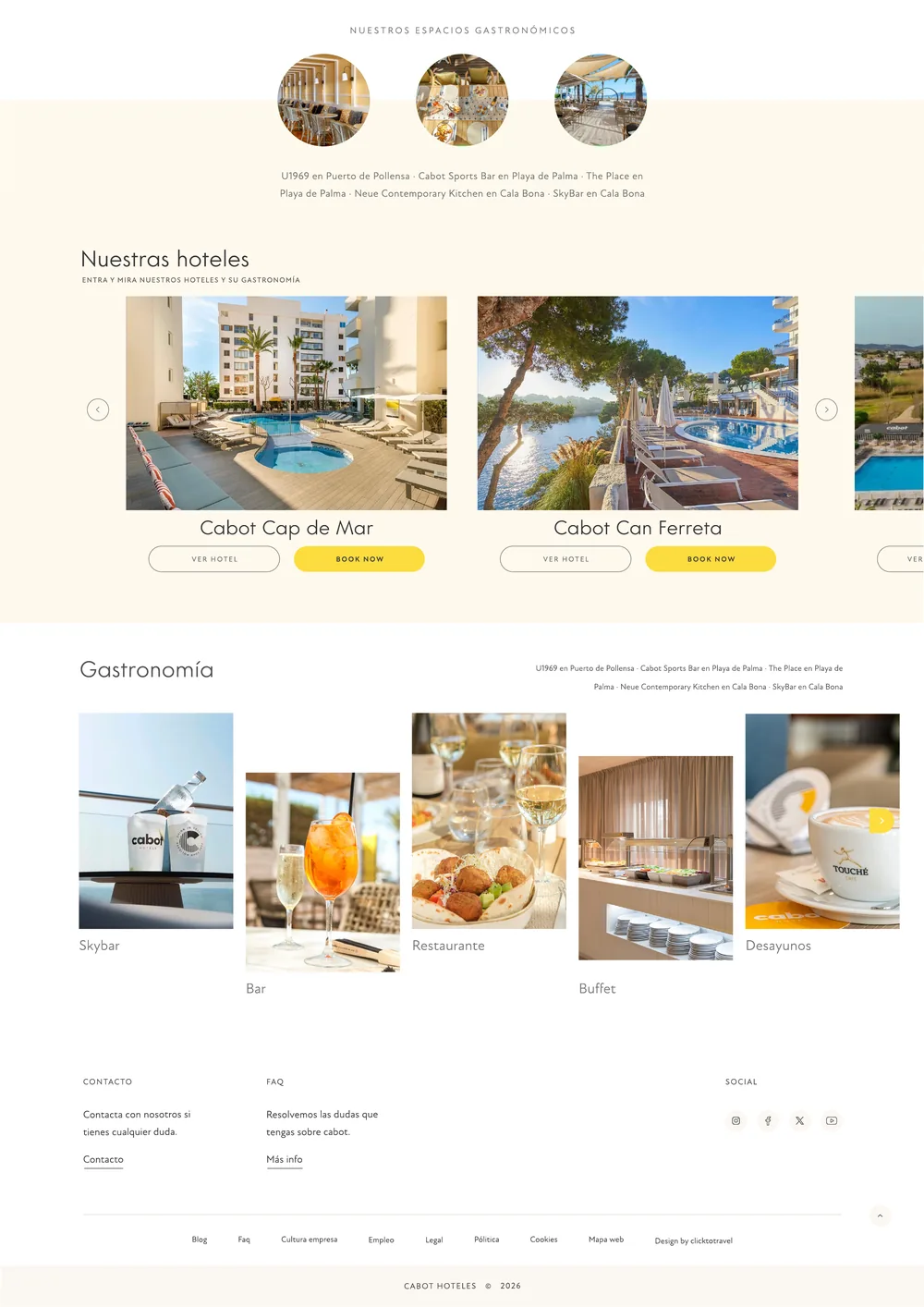 Nueva página de gastronomía, parte final: espacios gastronómicos, carrusel «Nuestros hoteles», galería de gastronomía y pie de página