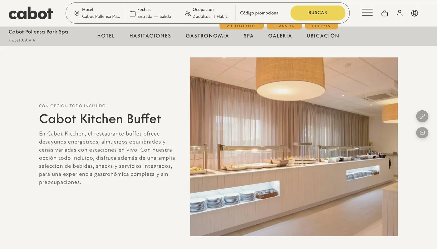 Web actual: bloque del restaurante Cabot Kitchen Buffet con texto a la izquierda e imagen a la derecha
